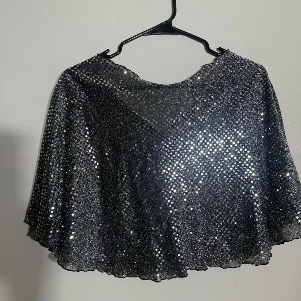 Y2K Black Silver Sequin Cape with tie detail Versatile Party Festival Accessory - Picture 7 of 8